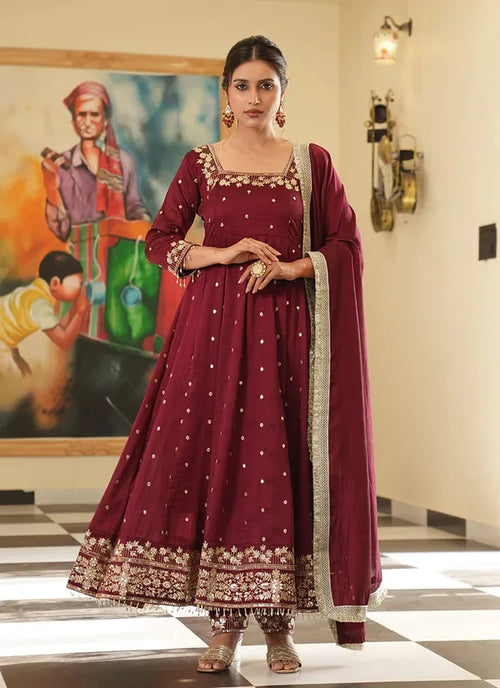 Elegant Bollywood Anarkali Suit: Pure Vichitra Silk Embroidered Gown Set for Weddings