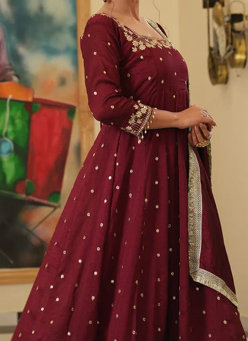 Elegant Bollywood Anarkali Suit: Pure Vichitra Silk Embroidered Gown Set for Weddings