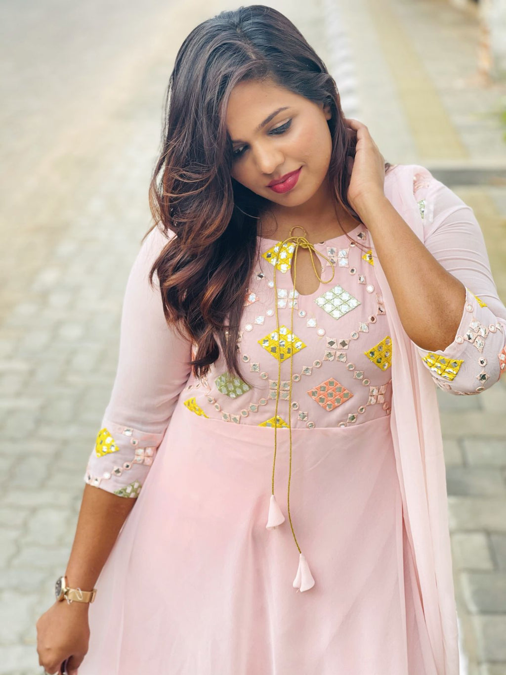 Elegant Peach Gold Anarkali Suit with Dupatta - Designer Yoke Dress