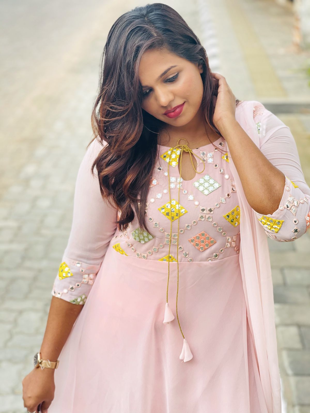 Elegant Peach Gold Anarkali Suit with Dupatta - Designer Yoke Dress