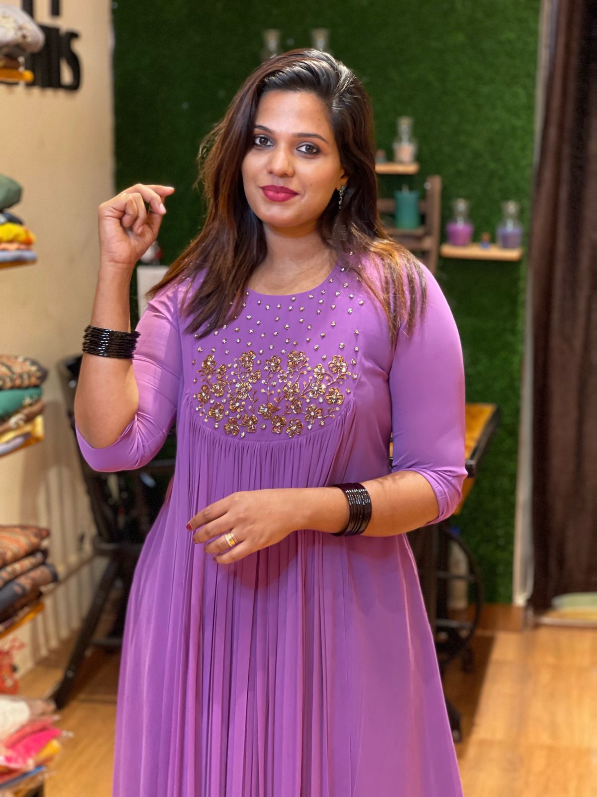 Macaw's Lavender Georgette Pleated Party Wear Top with Handwork Yoke