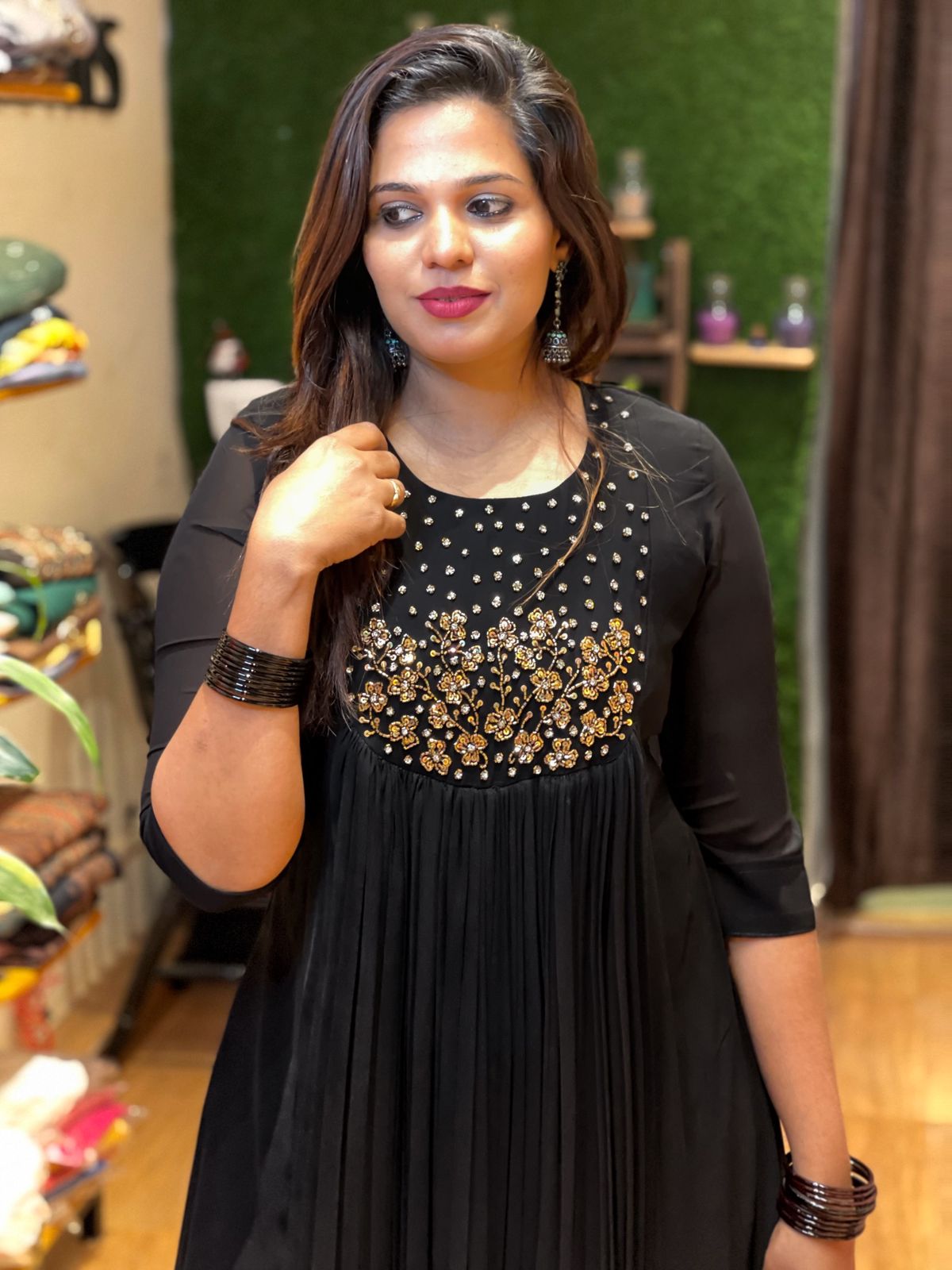 Elegant Black Georgette Pleated Party Top with Handwork Yoke Design