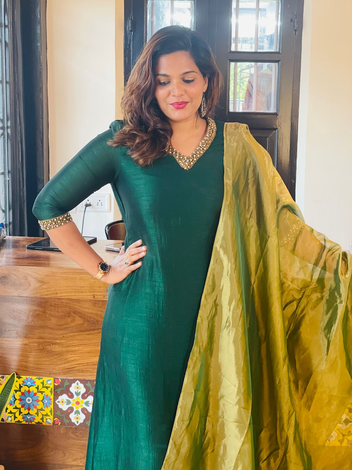 Elegant Green Silk Aline Top with Hand-Embroidered Border & Organza Dupatta Set